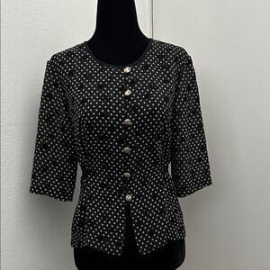 Cute Vintage Black Ditsy Print Peplum Blouse, Velvety Flocked Flowers, Size Sm